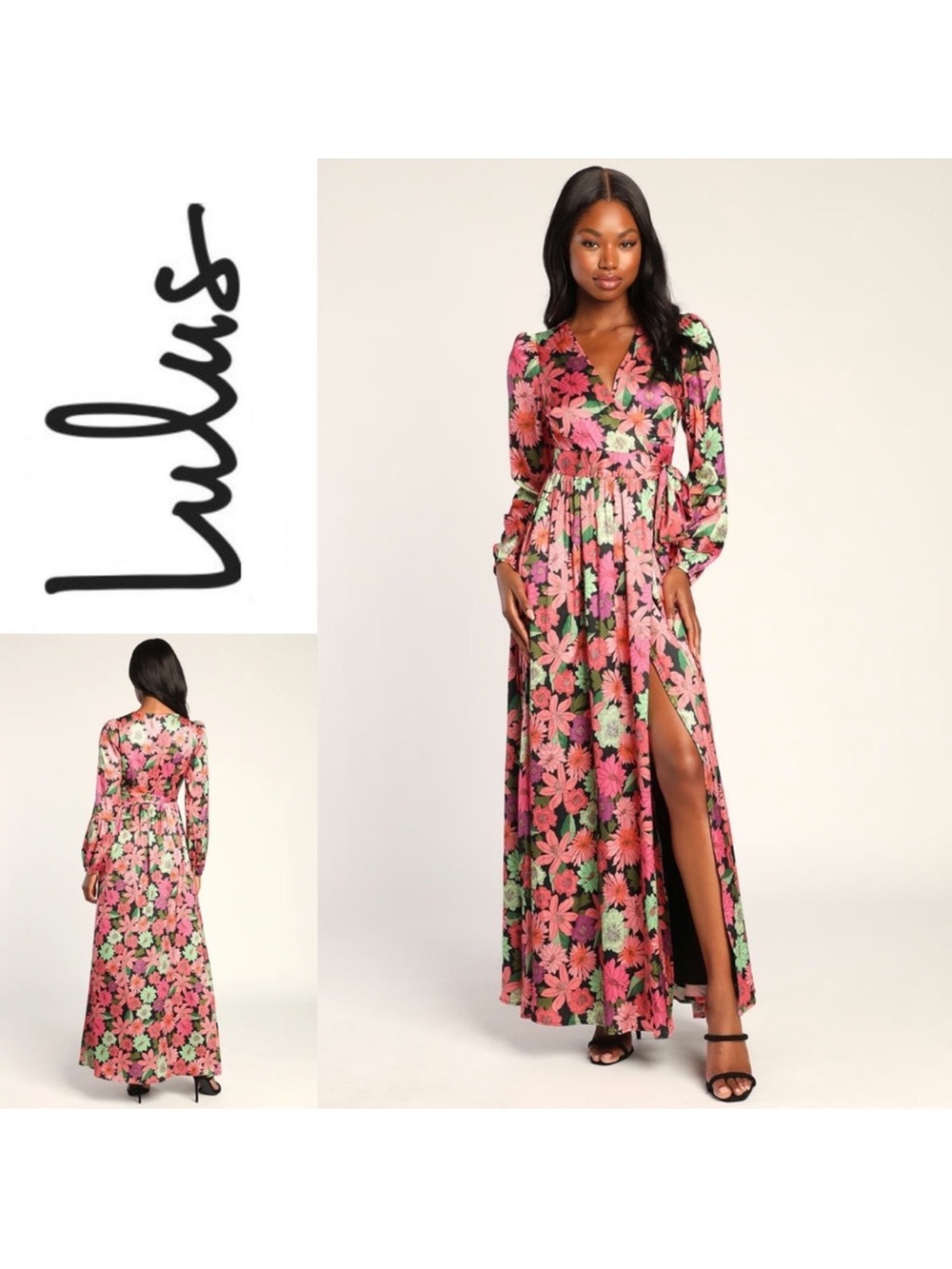 Lulu's Dress In the Groove Black Multi Floral Long Sleeve Wrap Maxi Dress M